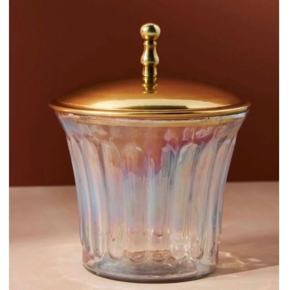 Anthropologie Lustrous Canister Iridescent Glass Gold‎ Lid 6.5